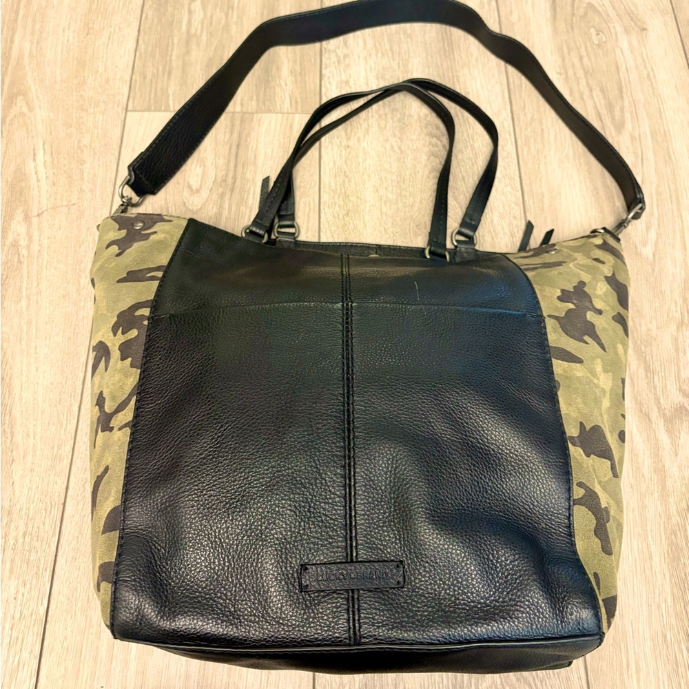 Lucky Brand Medium Size Handbag Tote Black/Camo  Pebbled Leather/Suede